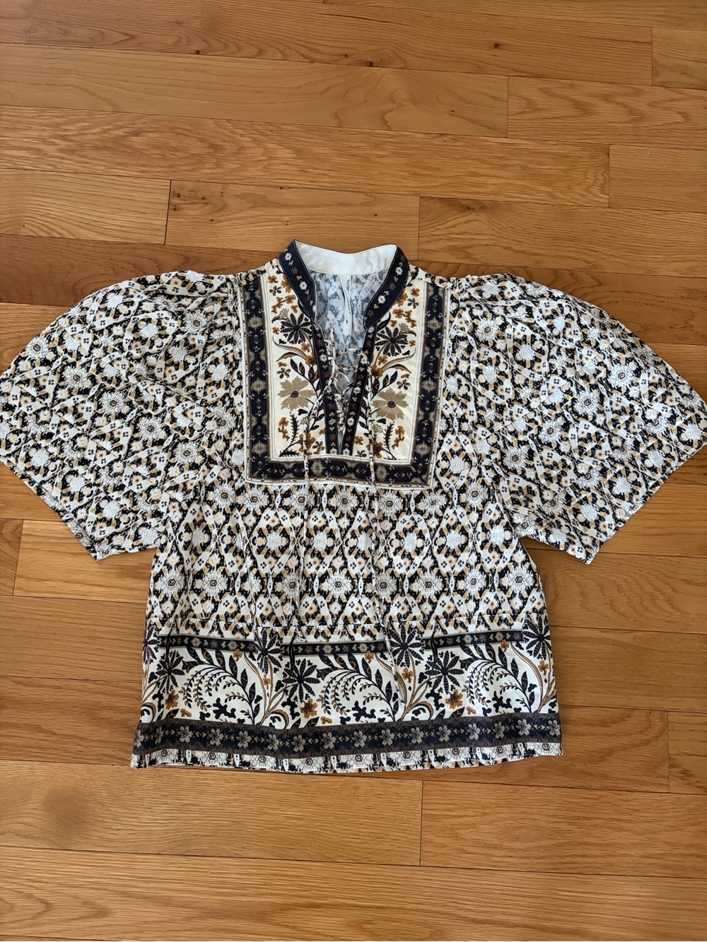 Anthropologie Printed Boho Peasant Top - Cream, Black & Tan